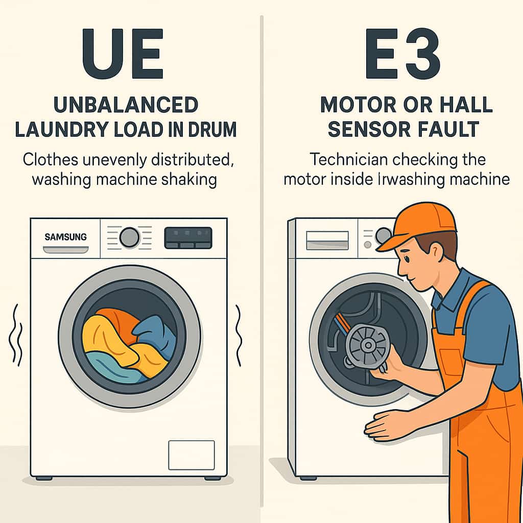 تفاوت ارور ue با ارور e3 لباسشویی سامسونگ